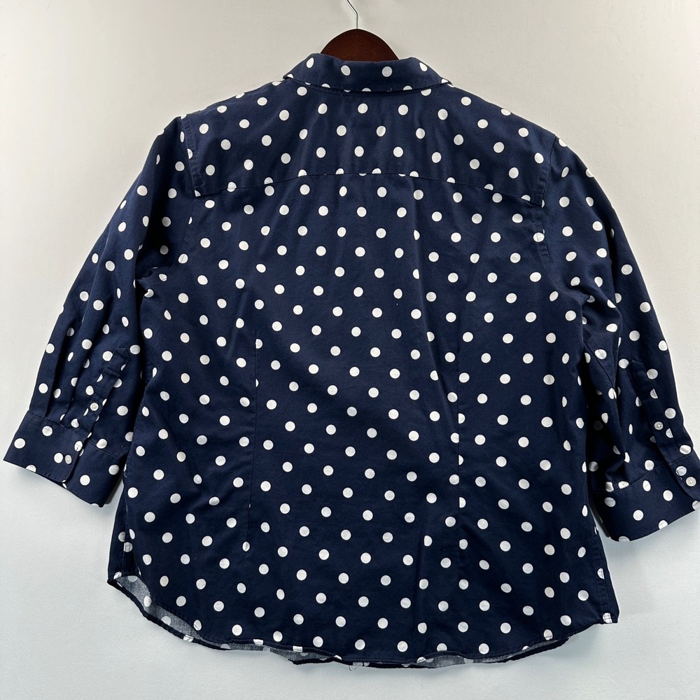 Chaps by Ralph Lauren Polka Dot Top 3/4 Sleeves No Iron Blouse Preppy Navy Sz 1X - Picture 3 of 8